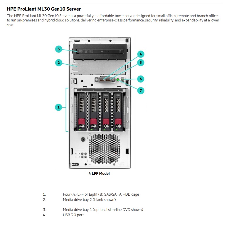 PE Proliant ML30 Gen10 E-2124 Server - P06785-425 Xeon Quad Core 8Gb 4Lff Nhp 350W Eu Uk Svr Tv Sunucu